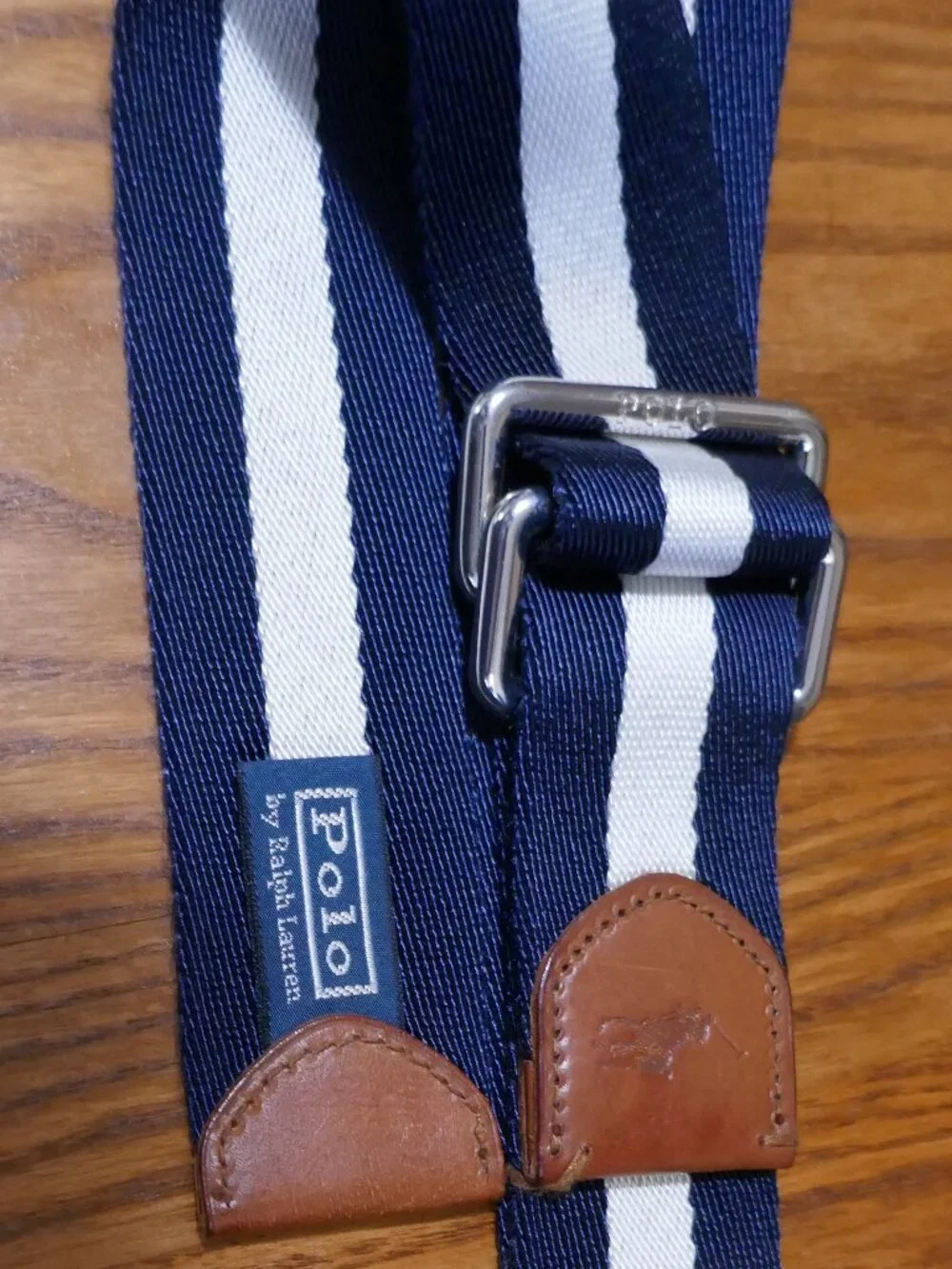 Polo Ralph Lauren Navy and White Striped Fabric Webbed Belt Leather Trim 42